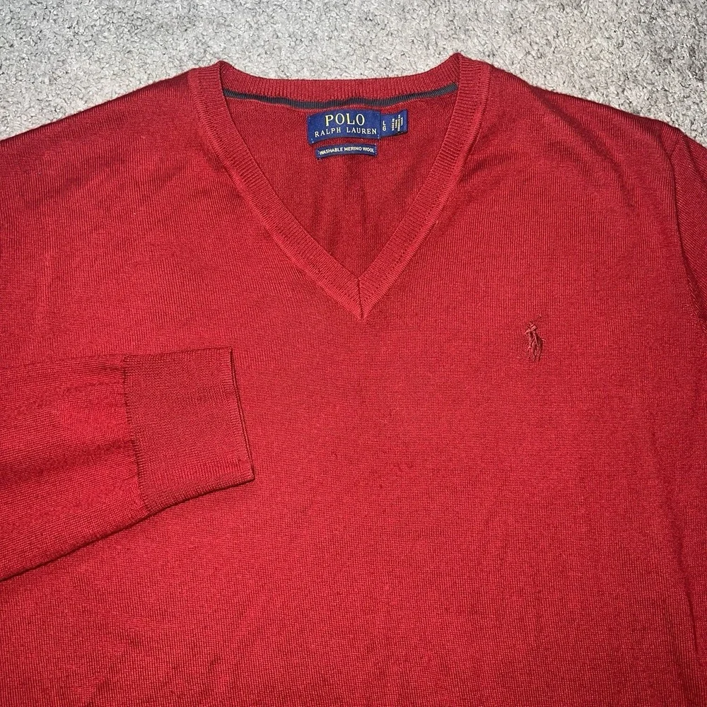 Polo Ralph Lauren Sweater Mens L Custom Fit Red V Neck Merino Wool Pullover‎